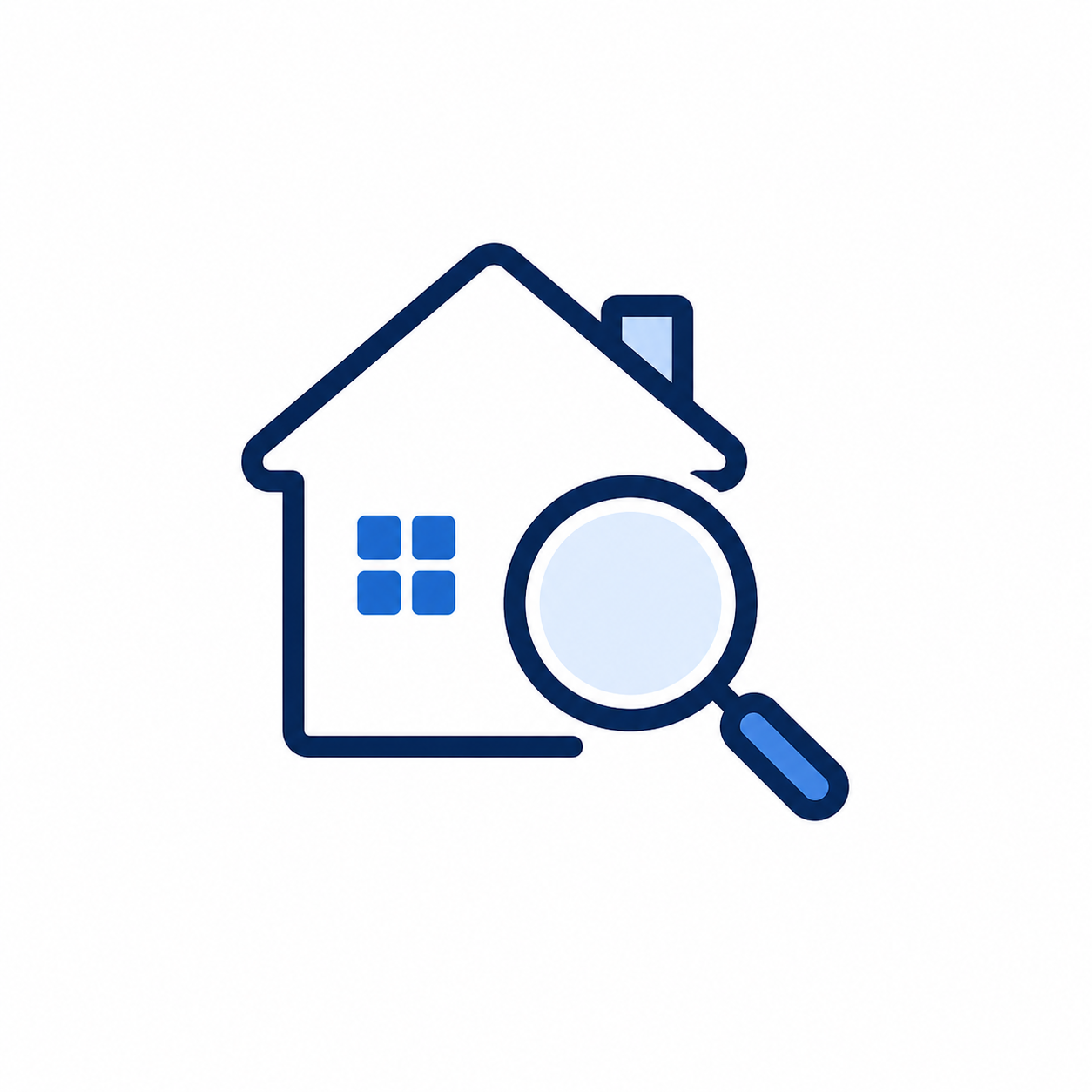 A house icon with a magnifying glass over it, symbolizing home search or inspection.