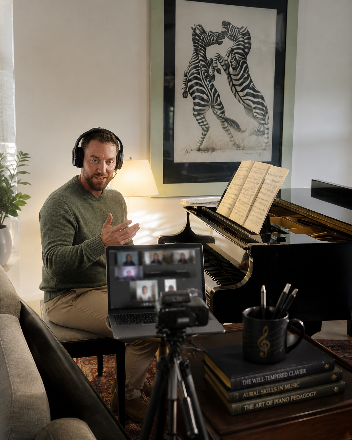 A man recording a video in a living room with a grand piano, sheet music, and a large zebra artwork on the wall. He wears headphones and gestures with his hand while seated on a bench. A camera on a tripod captures the scene, and a laptop displays multiple remote participants.