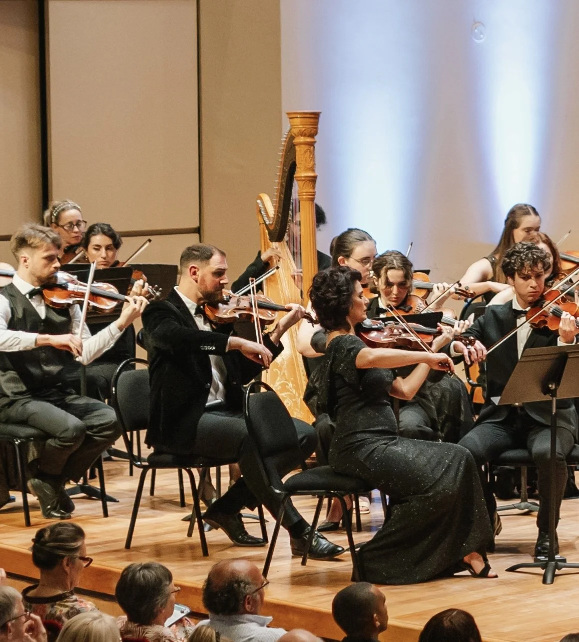 Orchestra performing on stage with musicians playing violins and a harp, in front of an audience.