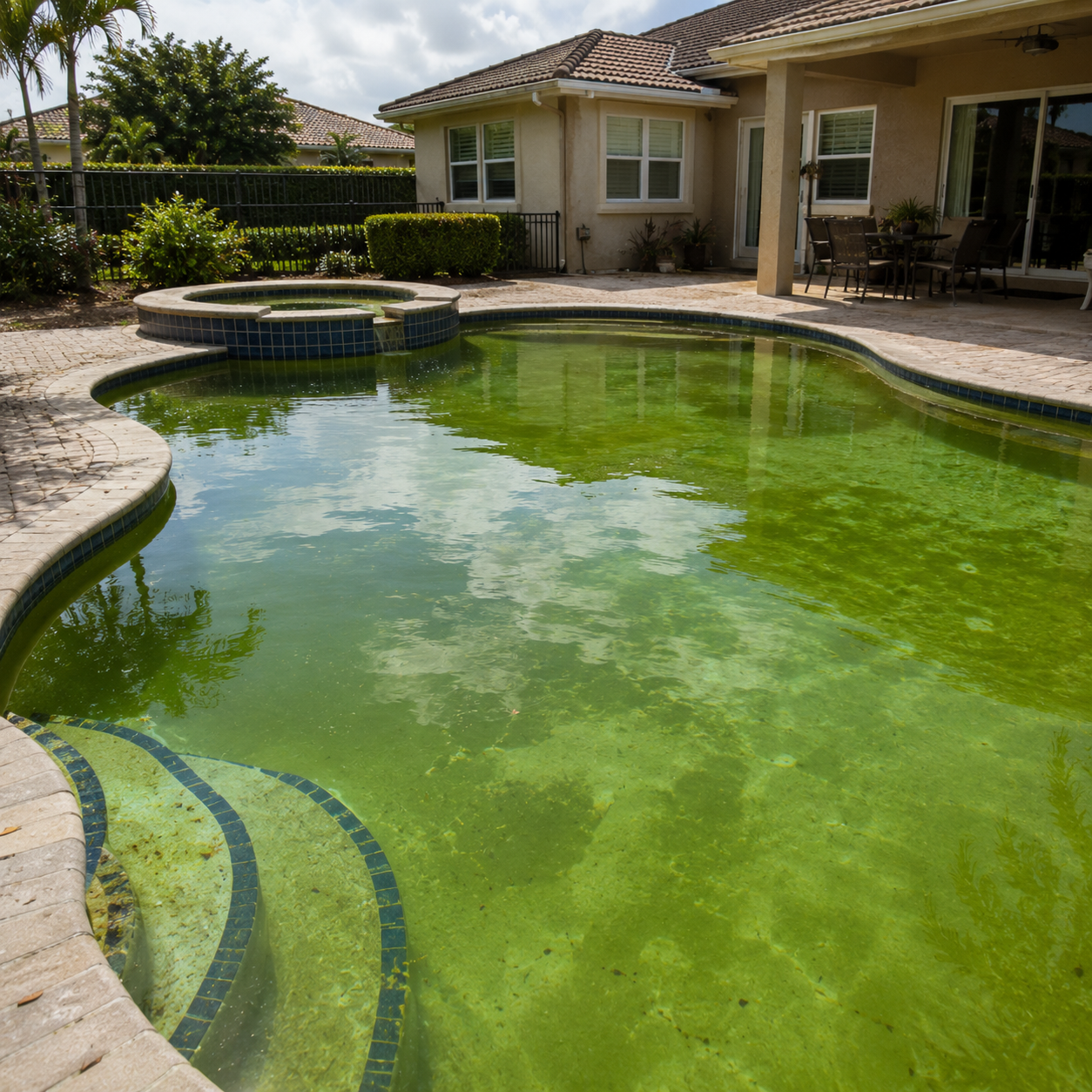 Backyard swimming pool with green algae, surrounded by a concrete deck, with a hot tub connected at one end, house with patio furniture in the background.