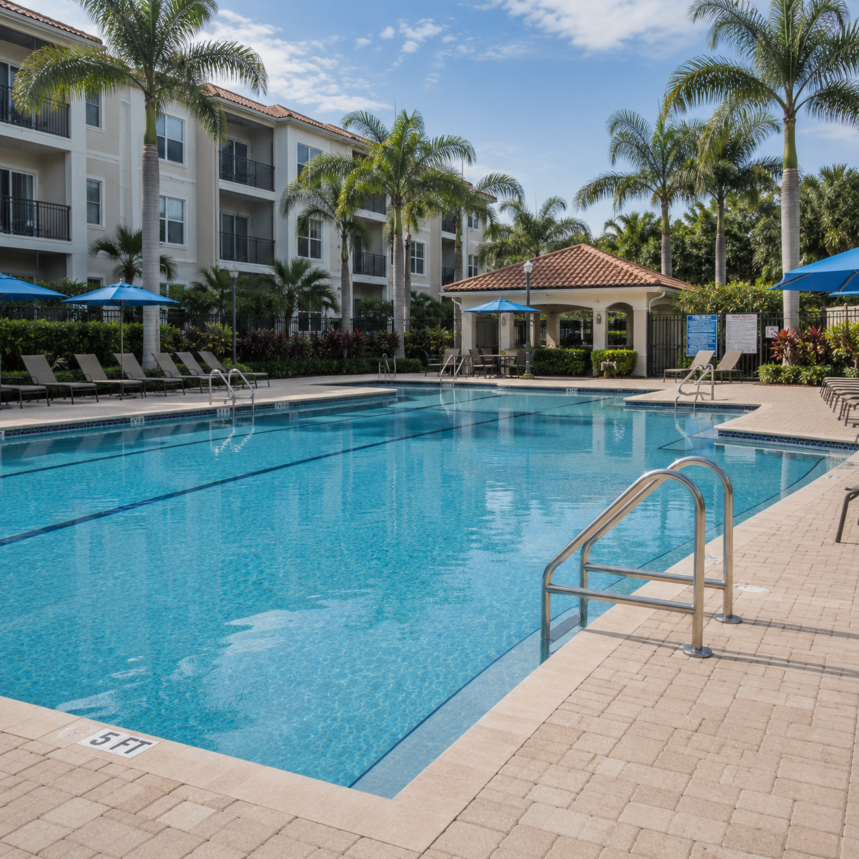 Outdoor swimming pool surrounded by lounge chairs, umbrellas, and palm trees at a sunny resort or apartment complex.