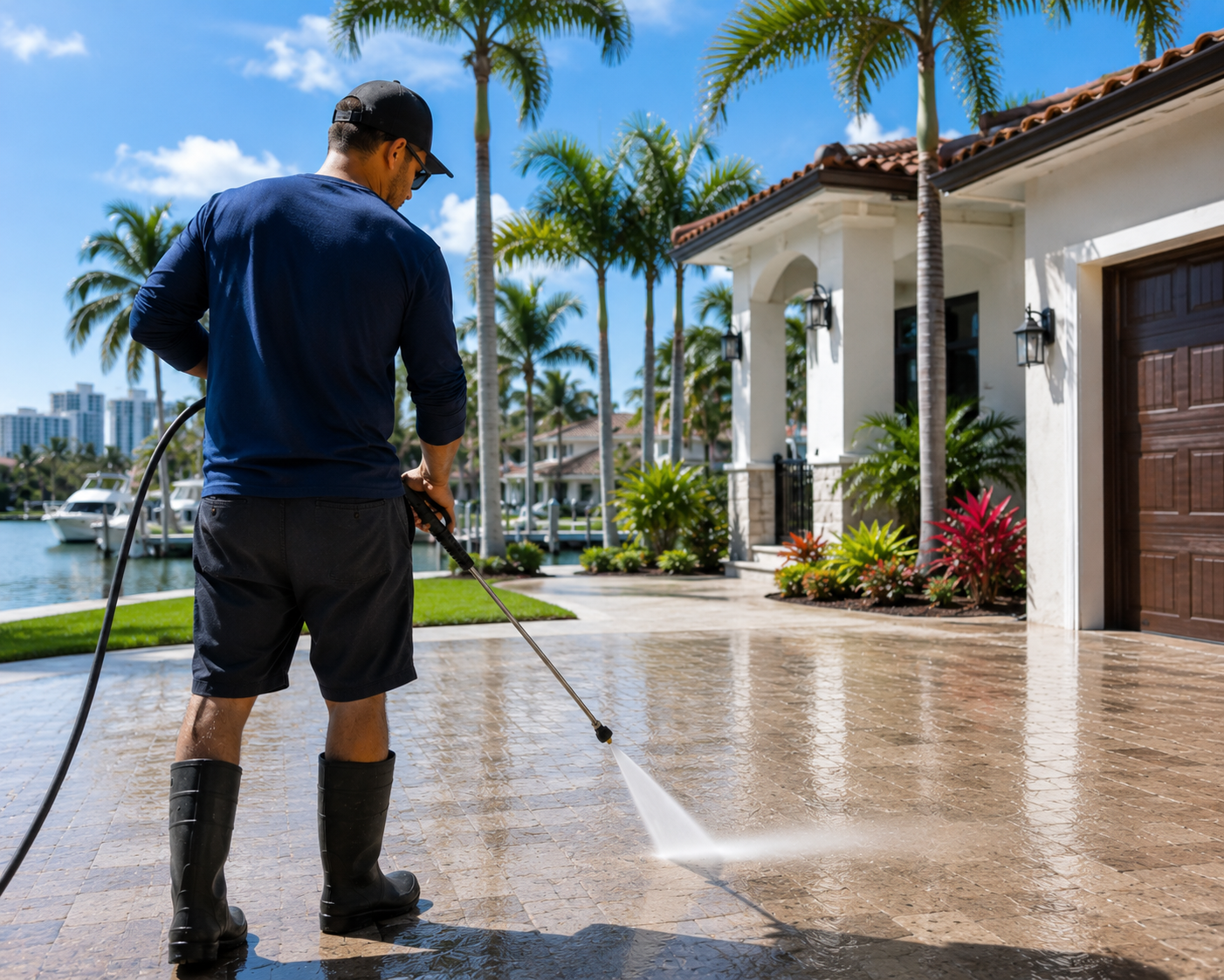Man wearing a dark blue shirt, black shorts, black rubber boots, and a black cap power washing a brick driveway in front of a white house with a brown garage door, surrounded by palm trees and tropical plants, with a marina and high-rise buildings in the background.