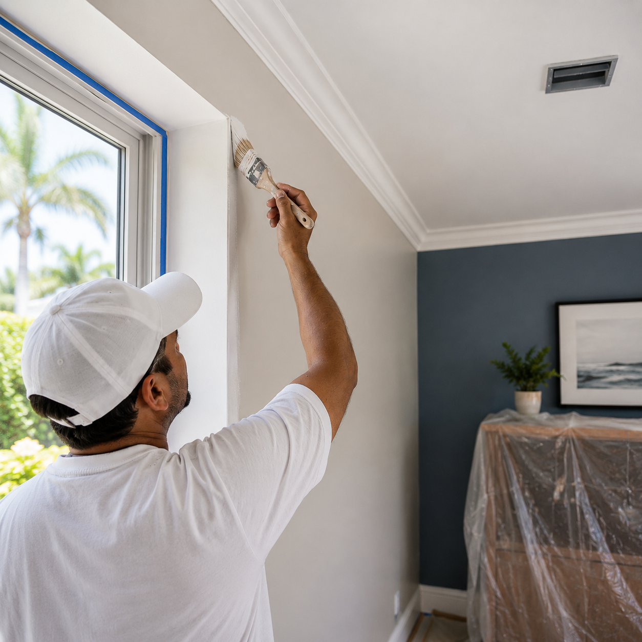 A person painting a white wall near a window with a paintbrush.