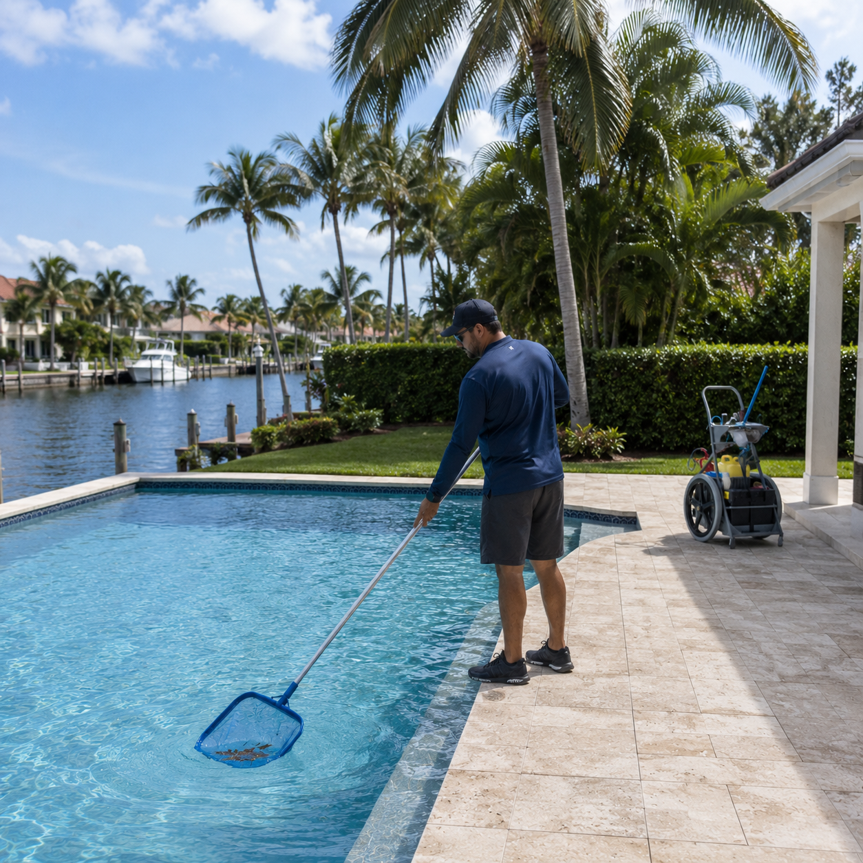 A man in a blue shirt and shorts cleaning a backyard swimming pool with a pool skimmer, surrounded by palm trees and waterway with boats in the background.