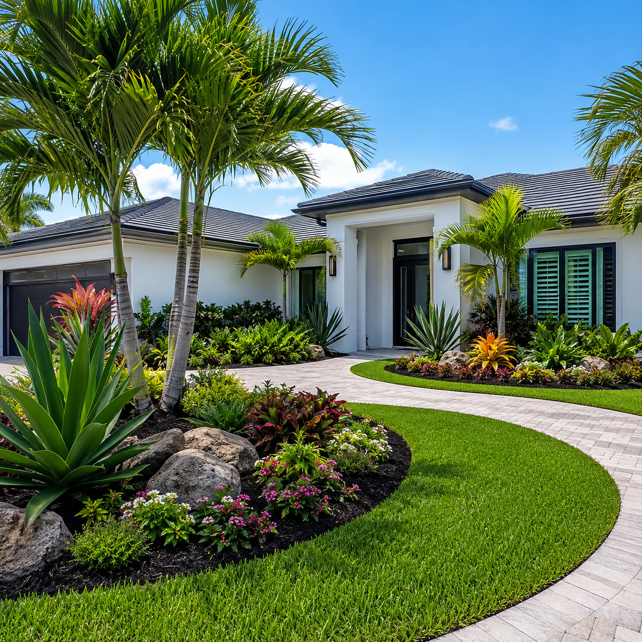 A modern house with a landscaped front yard featuring tropical plants, palm trees, rocks, and a curved paved walkway under a blue sky.
