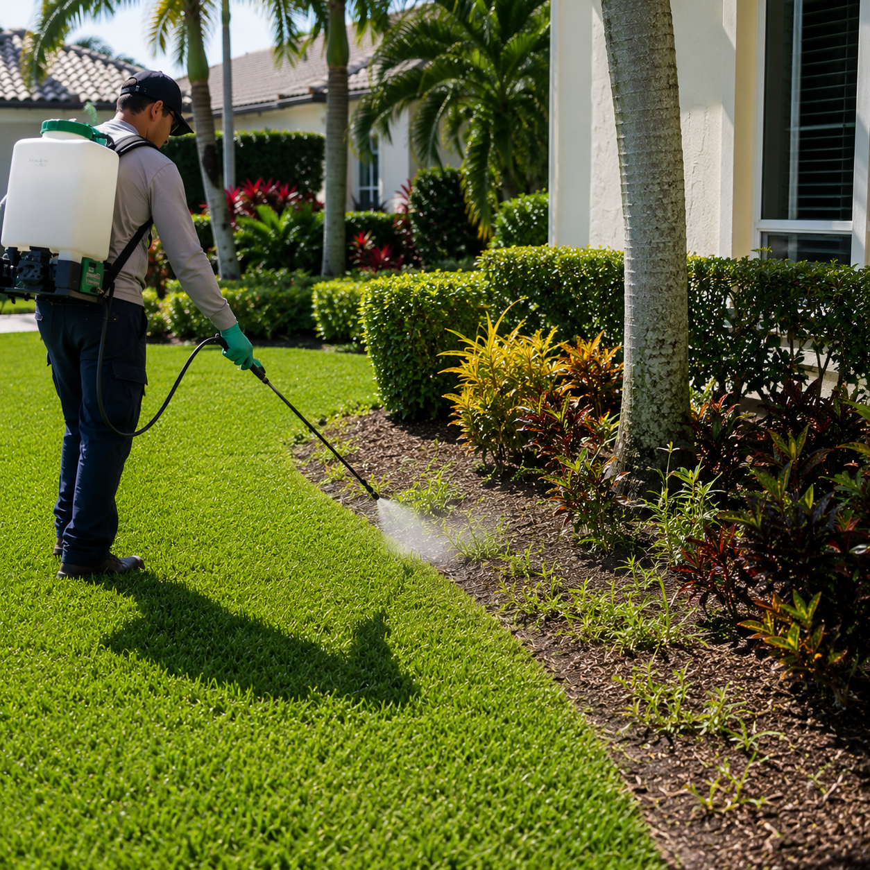 A person spraying pesticide or herbicide on garden bed in front of a house, wearing gloves and carrying a backpack sprayer.