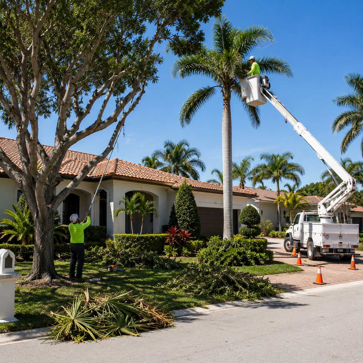 Tree trimming crew cutting palm trees in a residential neighborhood with a bucket truck and a worker in a cherry picker on a sunny day.