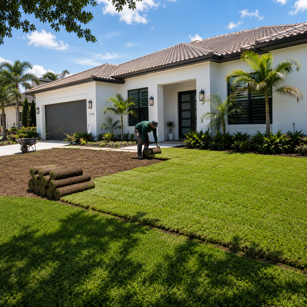 A person laying sod in the front yard of a modern white house with tropical plants and a brown tiled roof, under a partly cloudy blue sky.