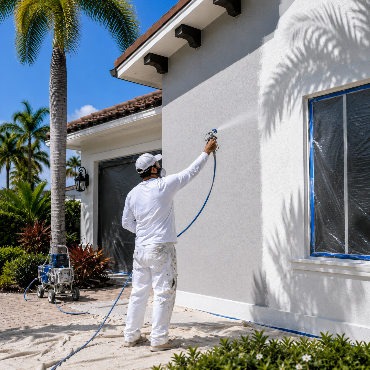 A painter wearing a mask and white clothes is spray painting the exterior wall of a house with a spray gun on a sunny day. The house has a white exterior with large window covered with protective plastic and there are palm trees and landscaped plants nearby.