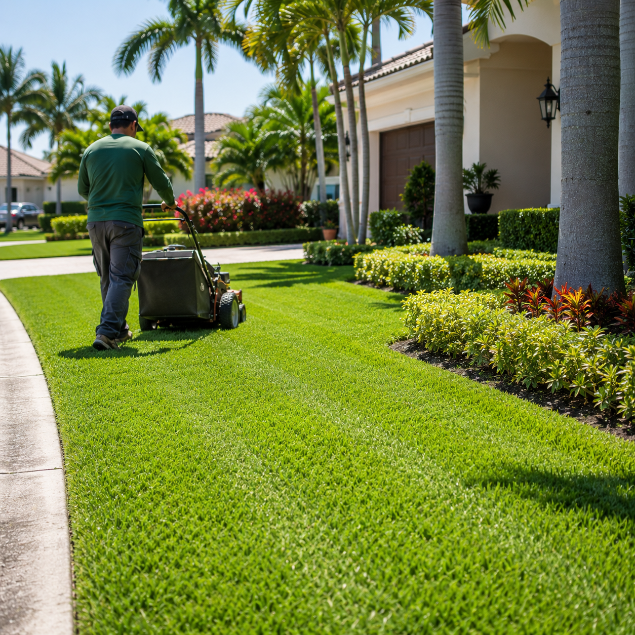 A man in a green jacket mowing the front yard of a house with a push lawn mower on a sunny day.