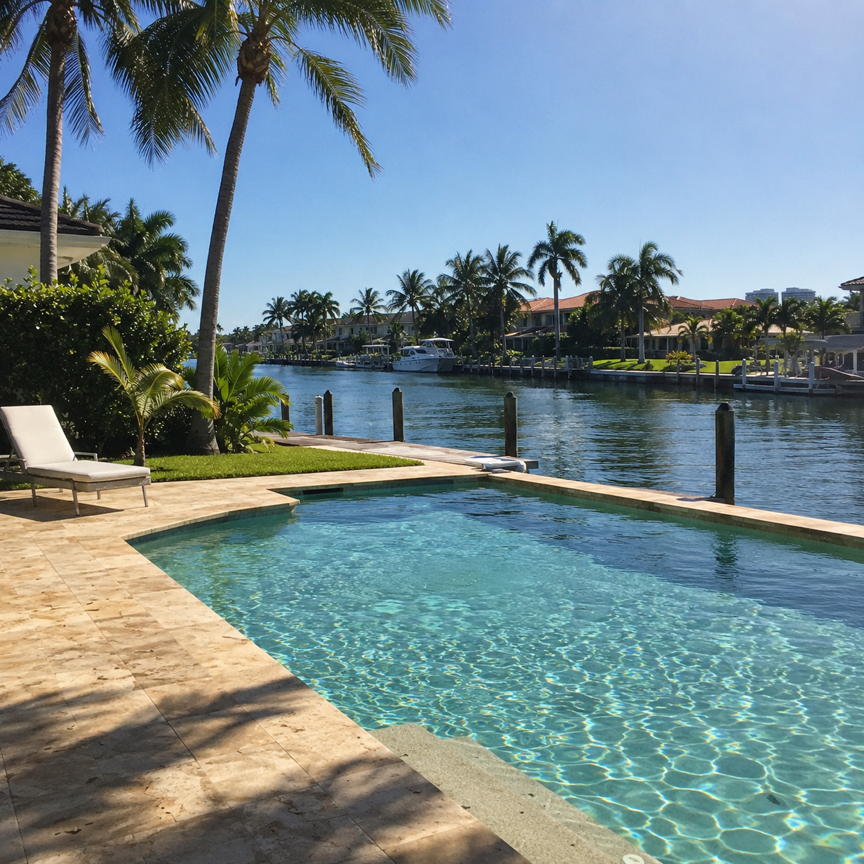 Swimming pool with lounge chair, tropical plants, palm trees, waterfront view of houses, boats, and clear blue sky in a backyard setting.