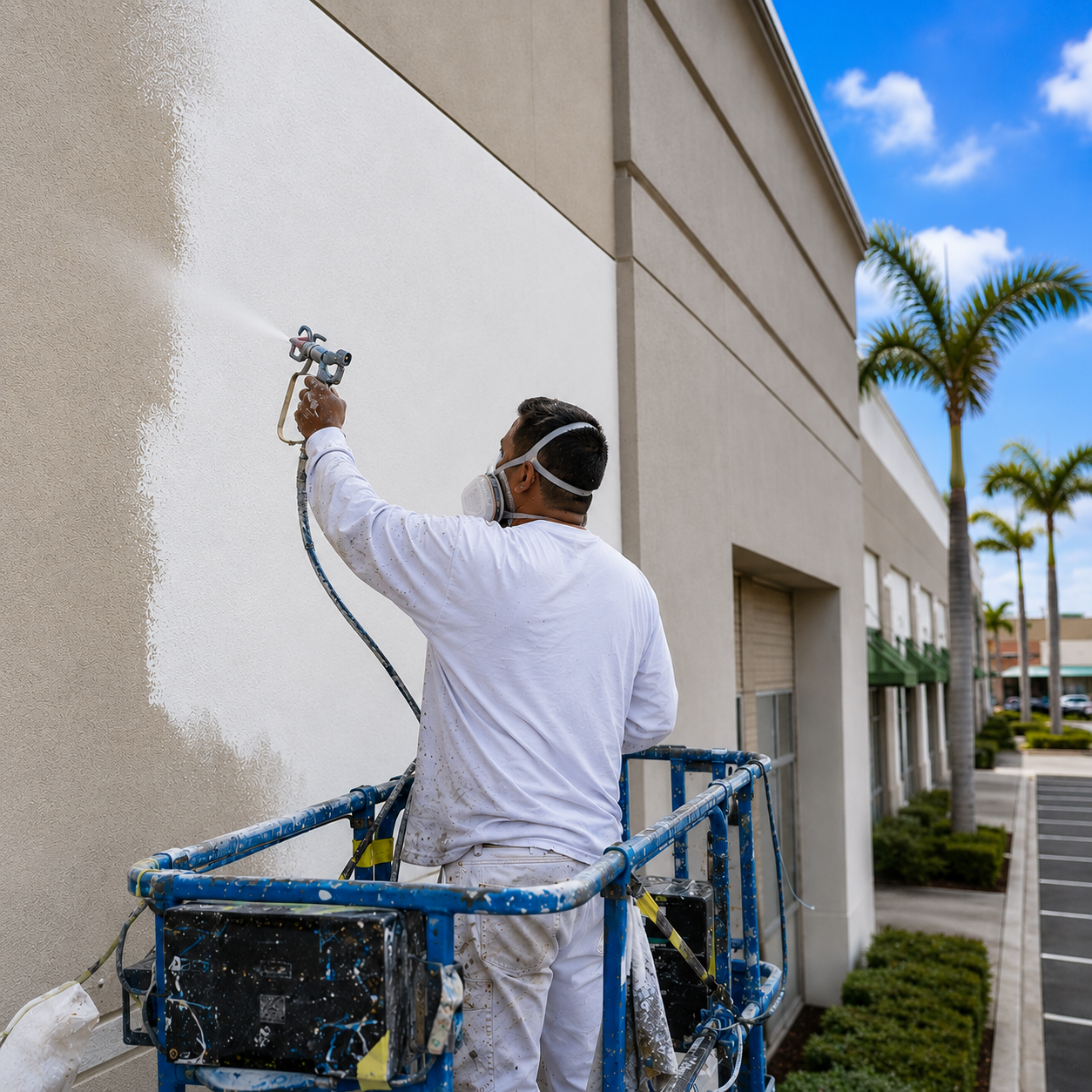 Painter in white coveralls, using spray gun to paint white wall outside building, wearing protective mask, standing in blue lift basket, near palm trees and parking lot.