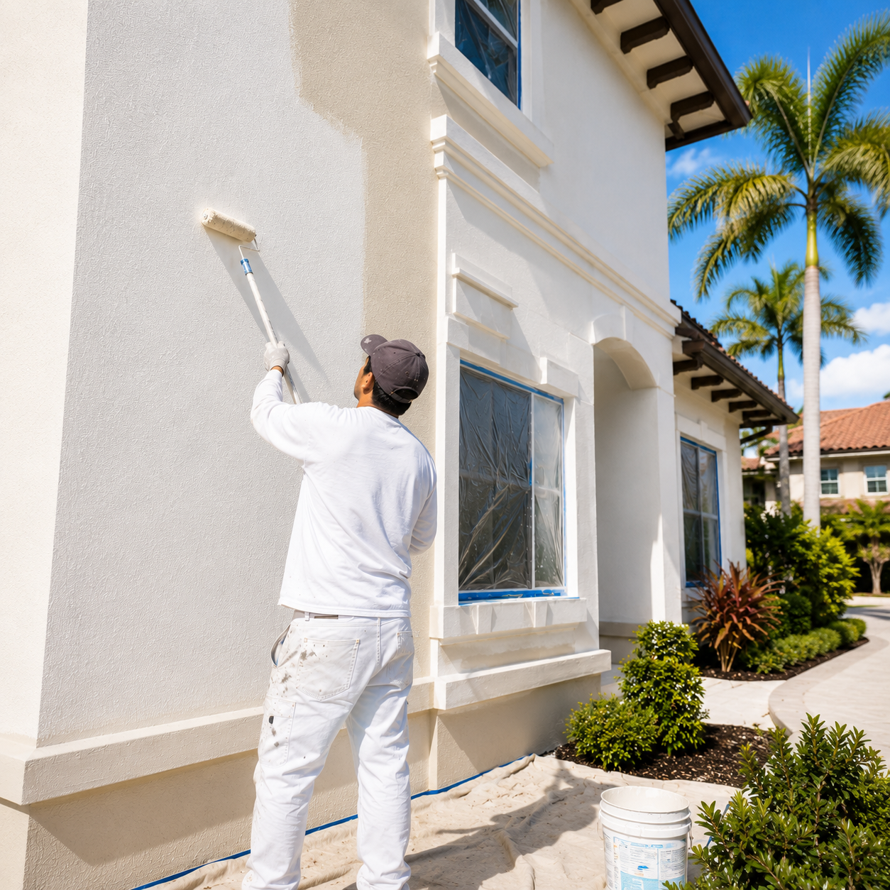 A man painting the exterior wall of a house with a paint roller during a sunny day, with palm trees and a landscaped yard in the background.