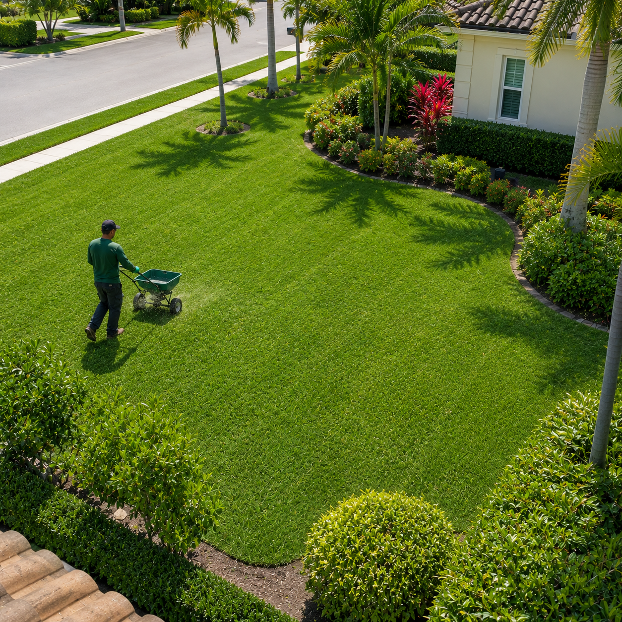 A person is using a lawn mower to mow the grass in a well-maintained yard with lush green grass, surrounded by bushes, trees, and a driveway, in a residential neighborhood.