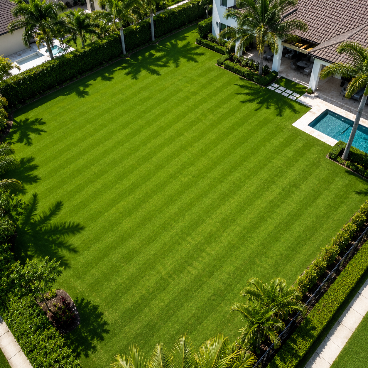 A spacious backyard with a lush green lawn, surrounded by palm trees and shrubs, featuring a swimming pool with a tiled patio and an outdoor seating area.