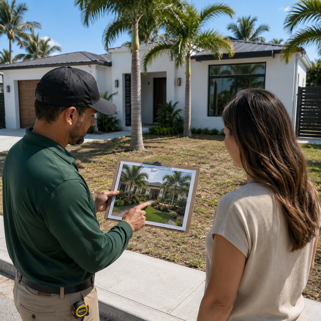 A man and woman standing outside in front of a modern house with palm trees. The man holds a tablet showing a picture of a house, pointing at it while the woman observes.