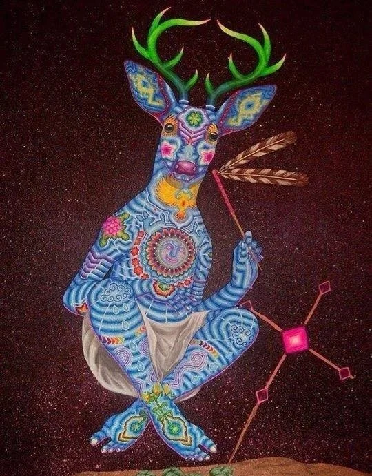 Colorful, psychedelic depiction of a deer with vibrant, intricate patterns, sitting cross-legged, holding a peace sign, with antlers and feathers, set against a dark background.