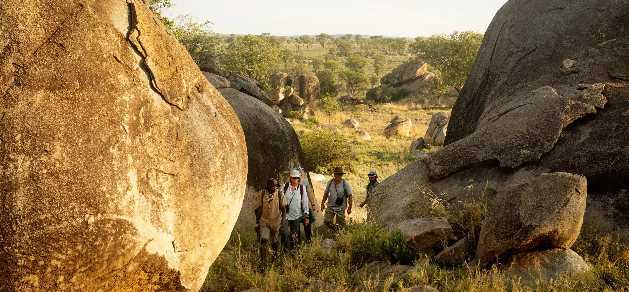 A group of people hiking through a rocky savannah landscape with large boulders and sparse trees at sunset.