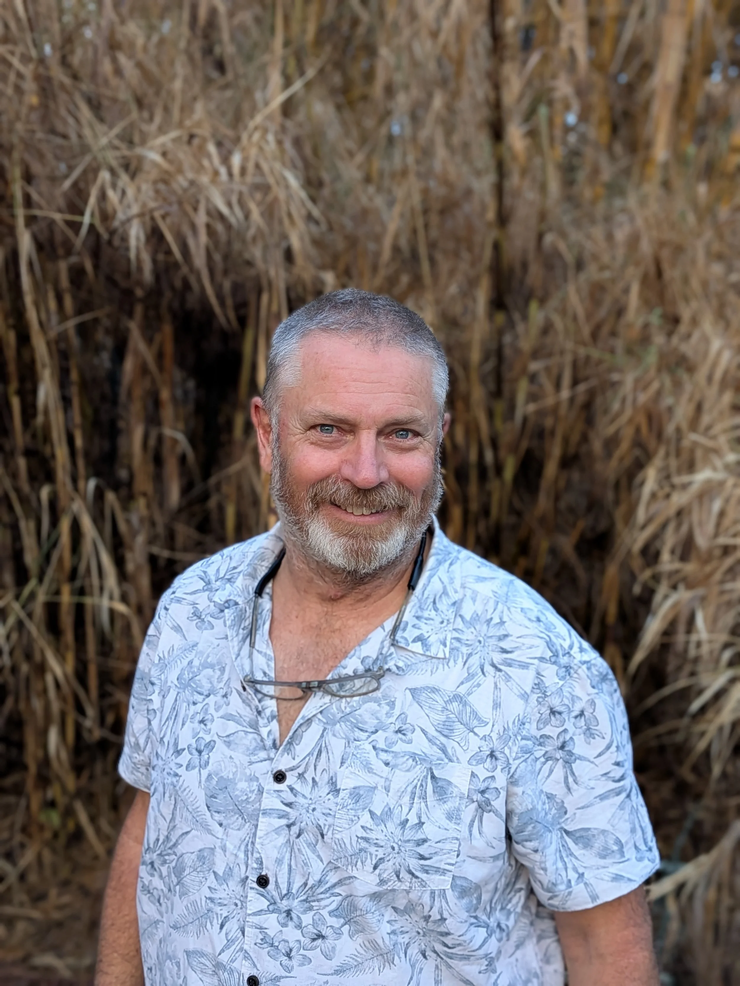 A smiling middle-aged man with gray hair and a beard wearing a light-colored, patterned shirt with sunglasses hanging from the collar, standing in front of a dense background of dry, tall grass or reeds.