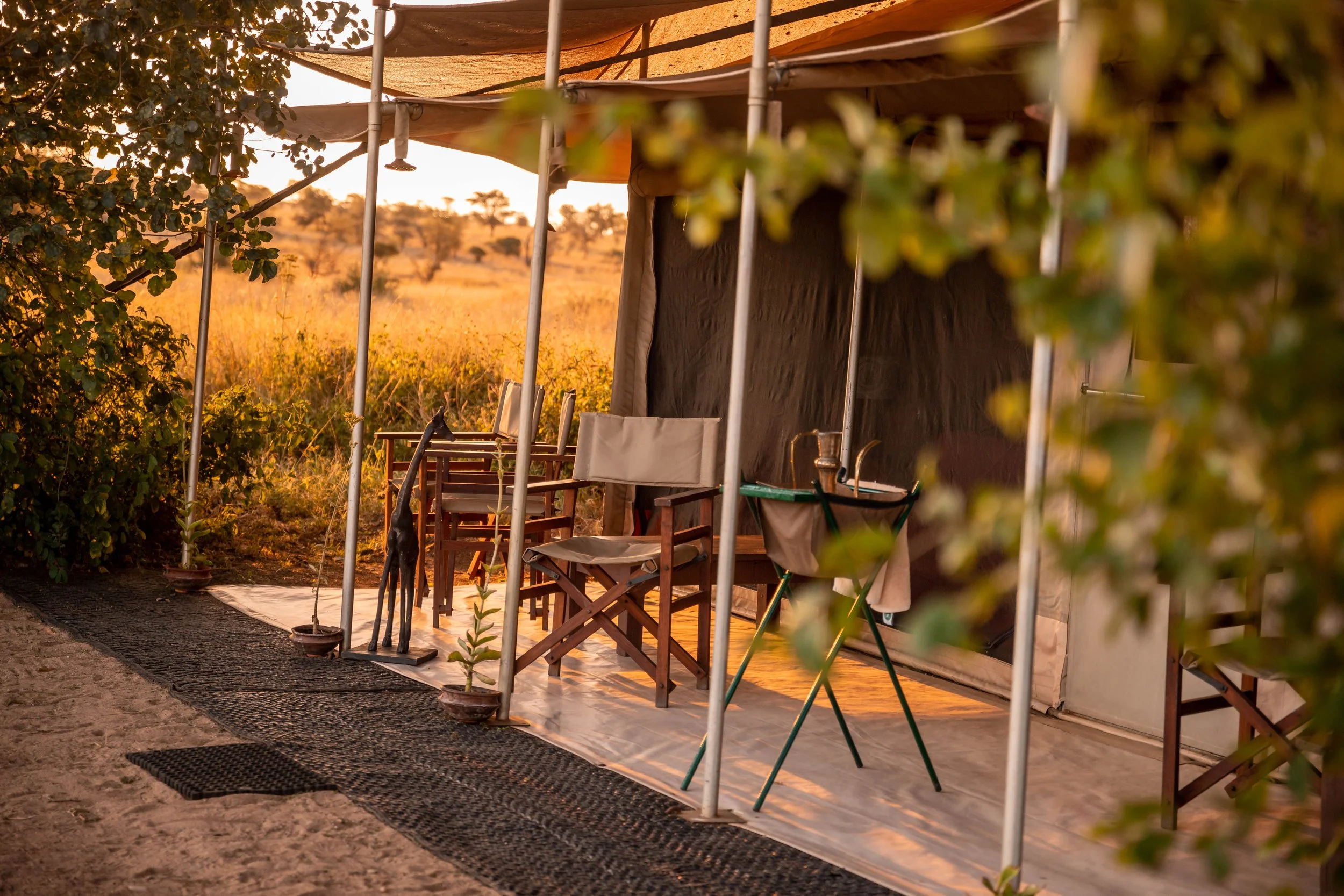 An outdoor seating area with wooden chairs and a table inside a canopy tent with a desert landscape in the background, during sunset.