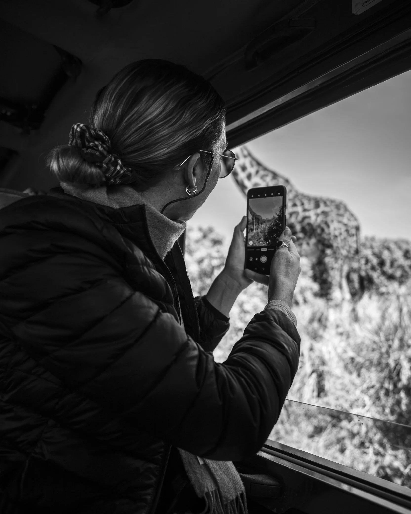 A woman with her hair tied back in a scrunchie, wearing sunglasses and earrings, is taking a photo with her smartphone through a window, with a scenic view of trees and a lithops plant outside.