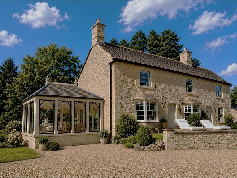 A mockup of a large stone house with a mullion house attached to the side