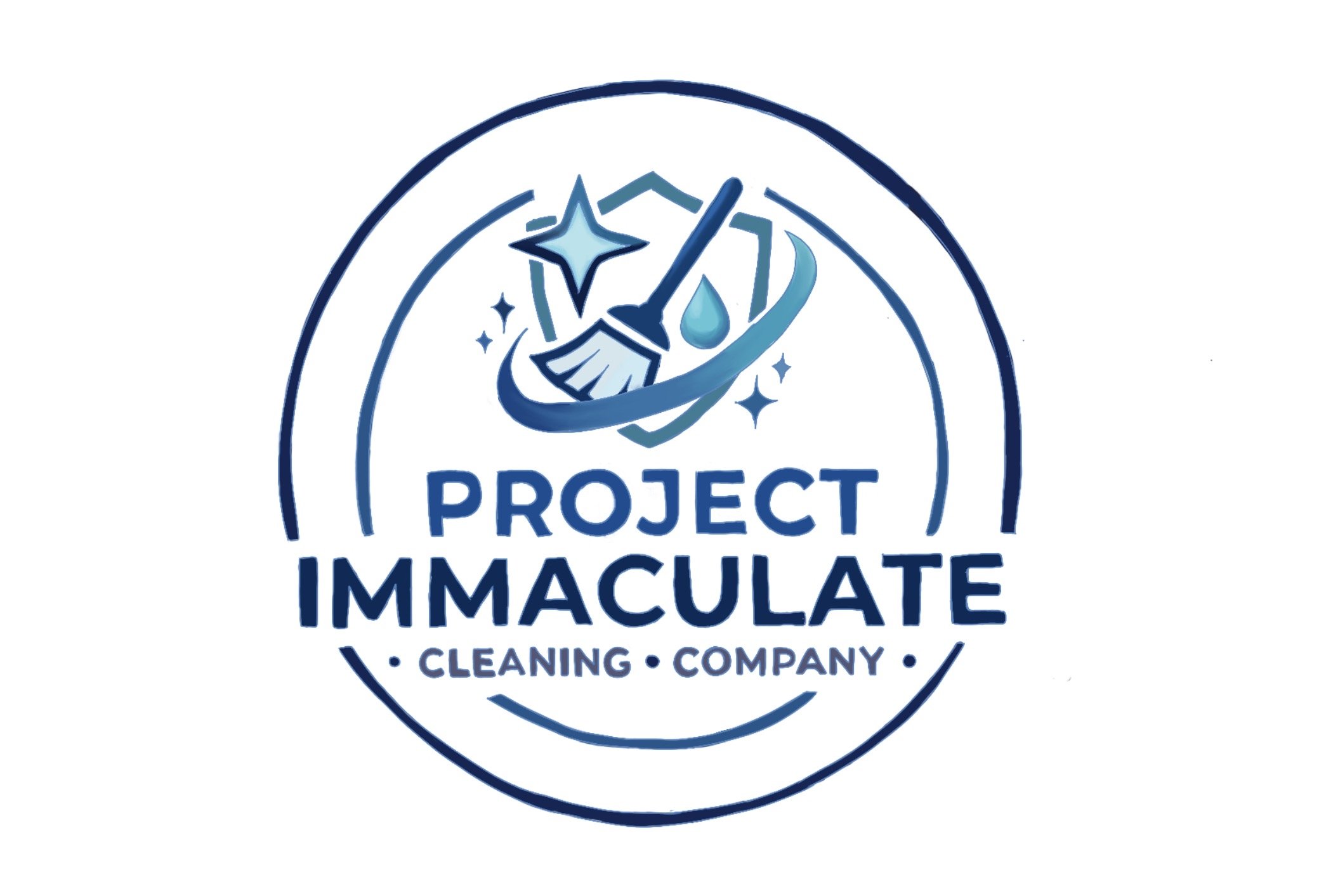 A logo for Project Immaculate Cleaning Company featuring a star, shield, water droplet, and sparkles in blue tones.