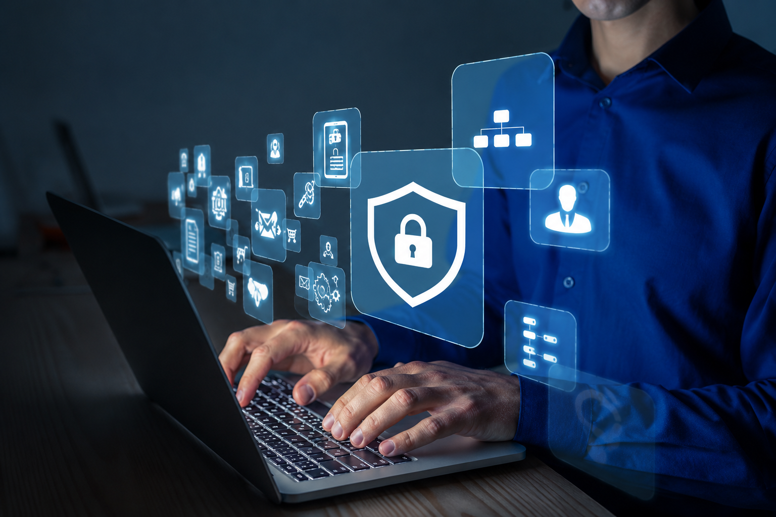 Person in a blue shirt works on a laptop, with digital security icons and a shield with a lock overlayed.