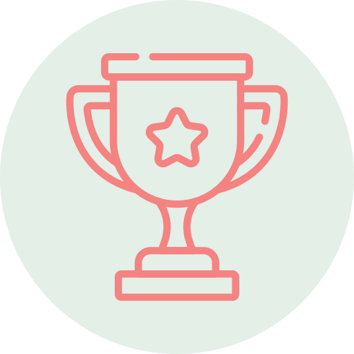 Illustration of a pink trophy with a star in the center, on a light green circular background.