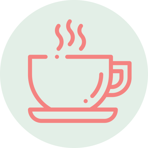 Icon of a steaming cup of coffee on a saucer.