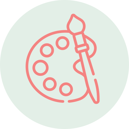 Simple line drawing of an artist's paint palette with a paintbrush resting on it.