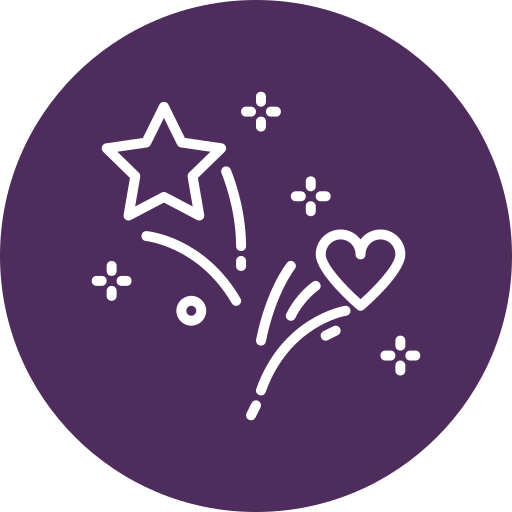 Line drawing of firework bursts, including a star-shaped burst and a heart-shaped burst, on a purple circular background.