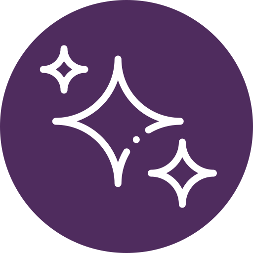 Illustration of three sparkling star shapes on a purple circular background.