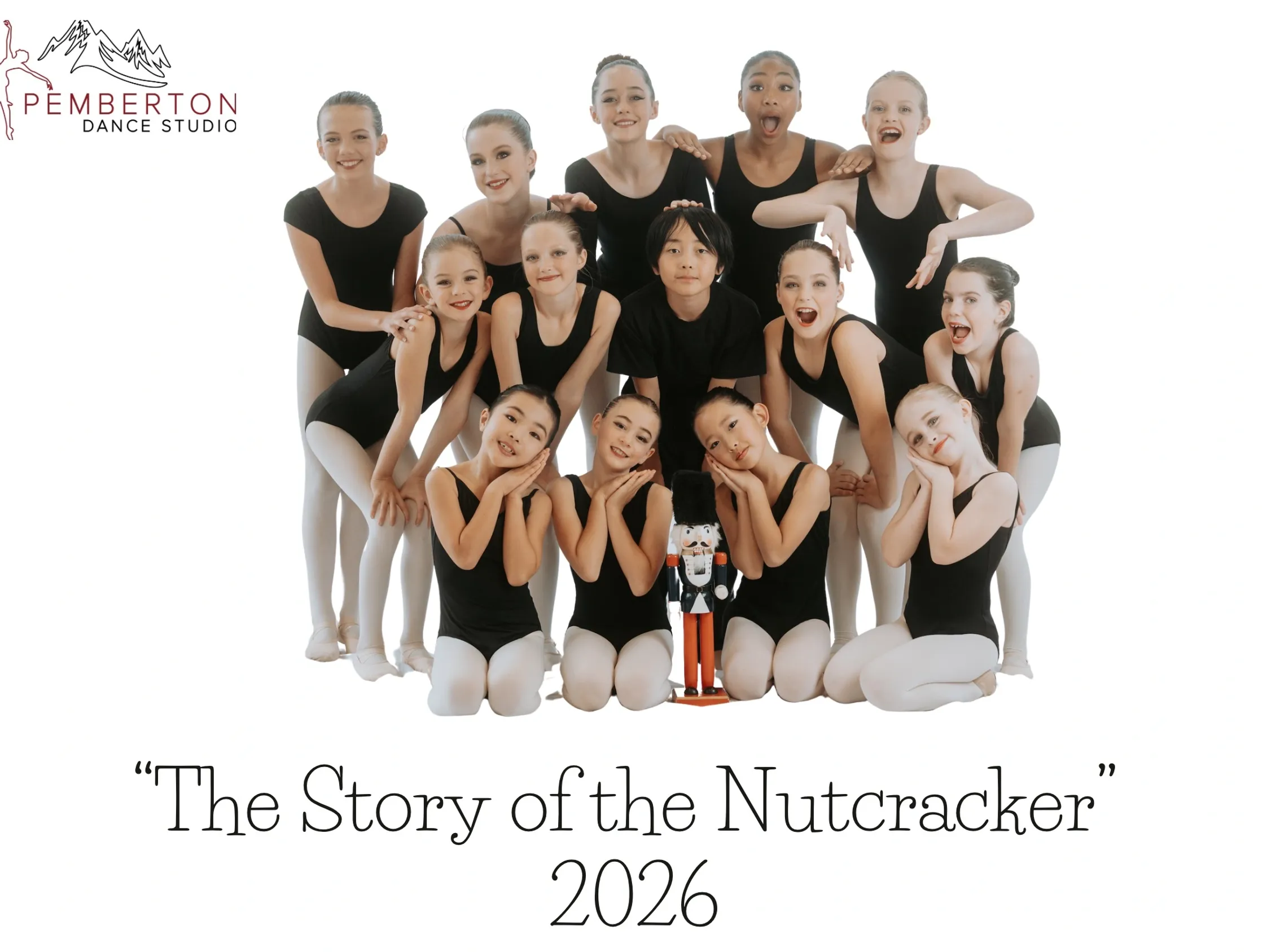 Group of young ballet dancers wearing black leotards and white tights, posing together in front of a white background, with a logo for Pemberton Dance Studio in the top left corner and the title 'The Story of the Nutcracker 2026' at the bottom.