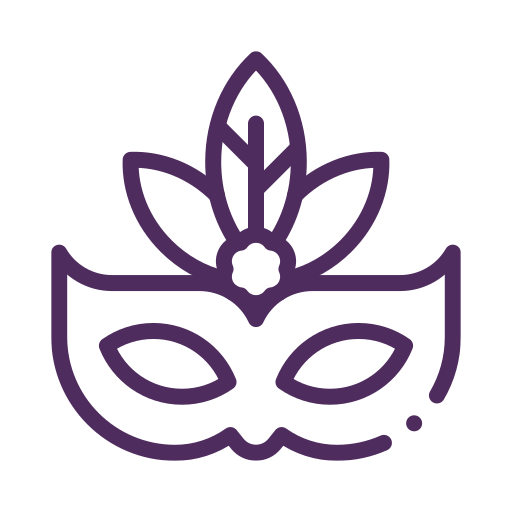Purple outline of a masquerade mask decorated with leaves and a flower