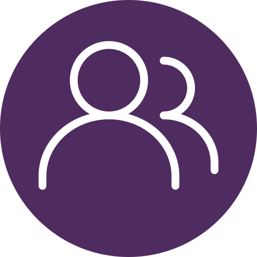 Icon of two people, one in front and one slightly behind, on a purple circular background.