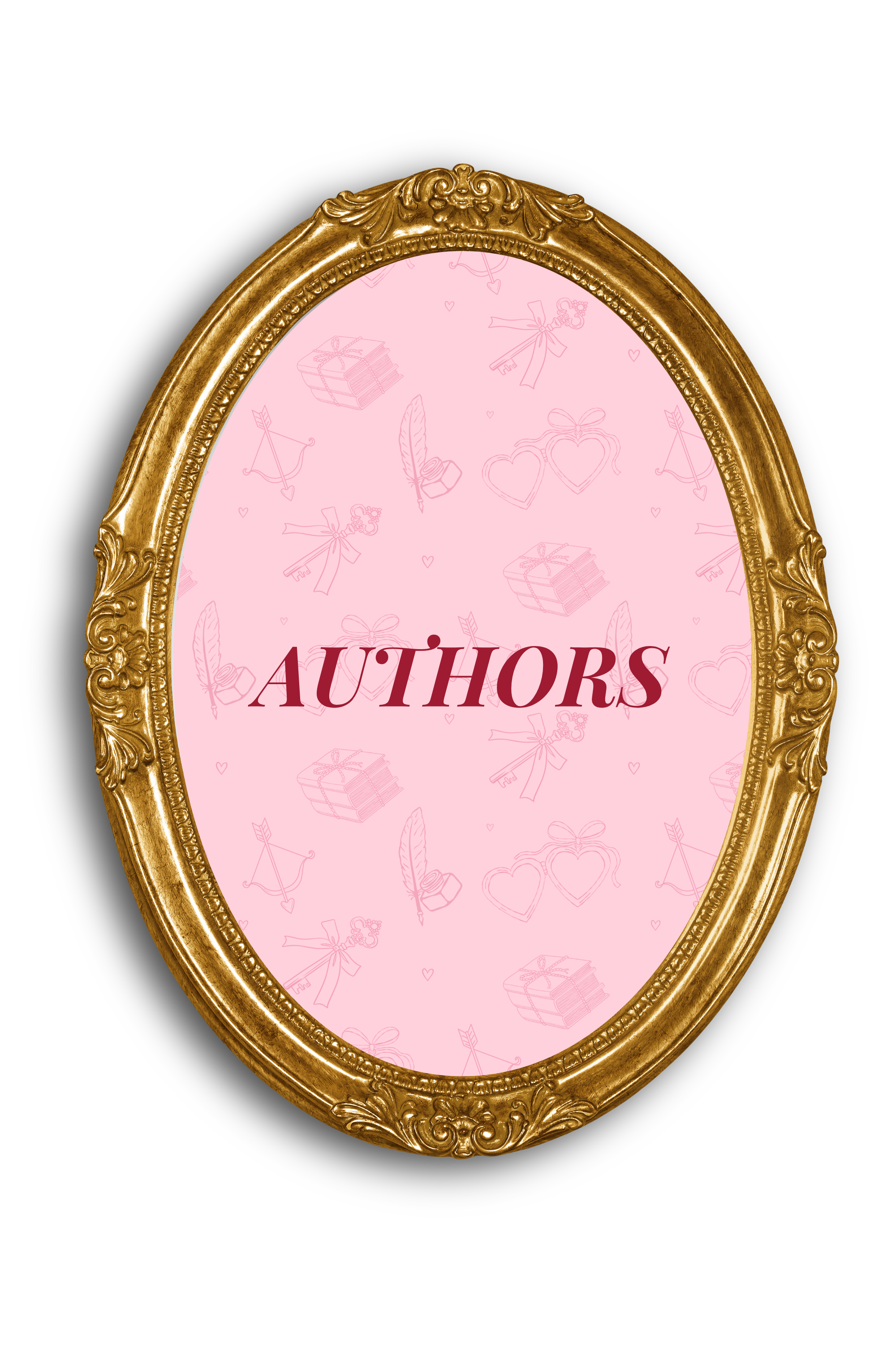 Close-up of a decorative gold oval mirror frame with the word 'AUTHORS' written on the pink mirror surface inside.