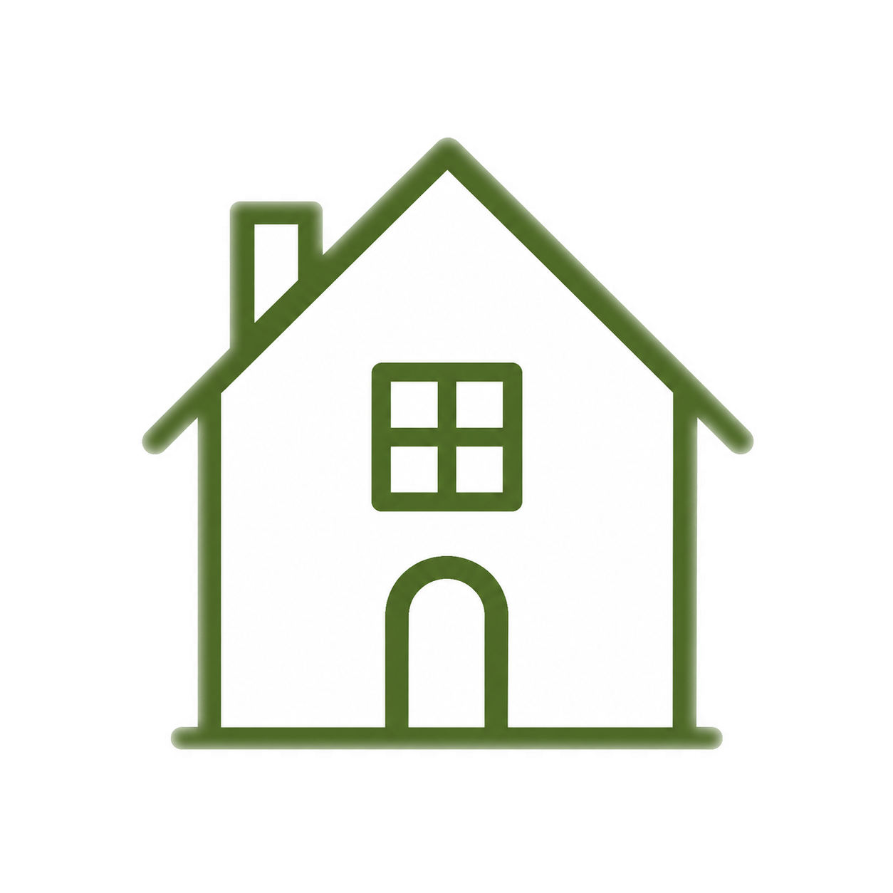 Stylized illustration of a house with a gabled roof, chimney, and four-pane window, outlined in green with a white fill.
