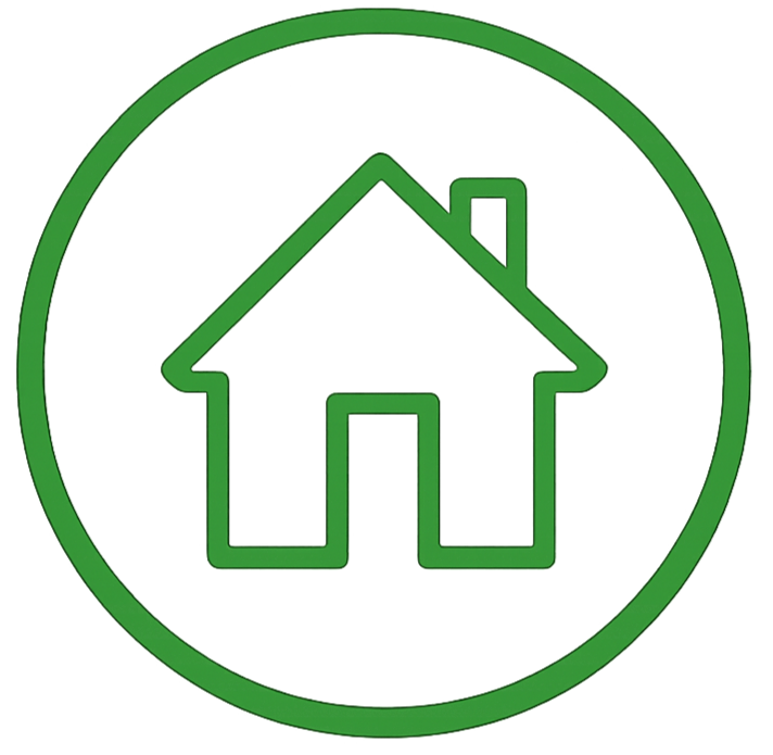 Green outline of a house inside a circle.