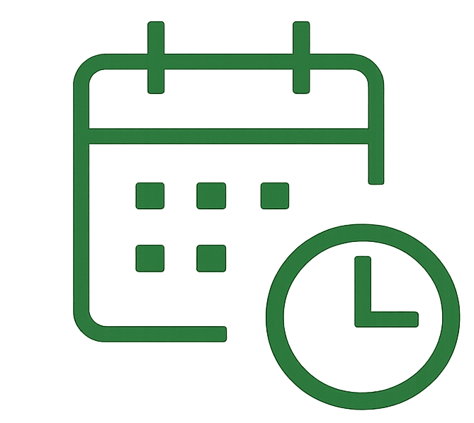 Green icon of a calendar with a clock overlayed.