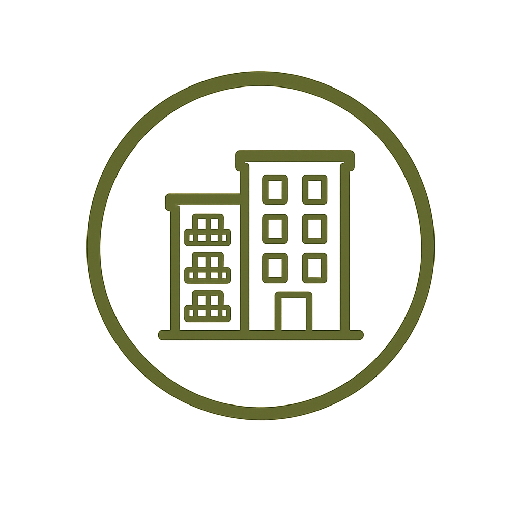 Line drawing of two multi-story buildings inside a circle