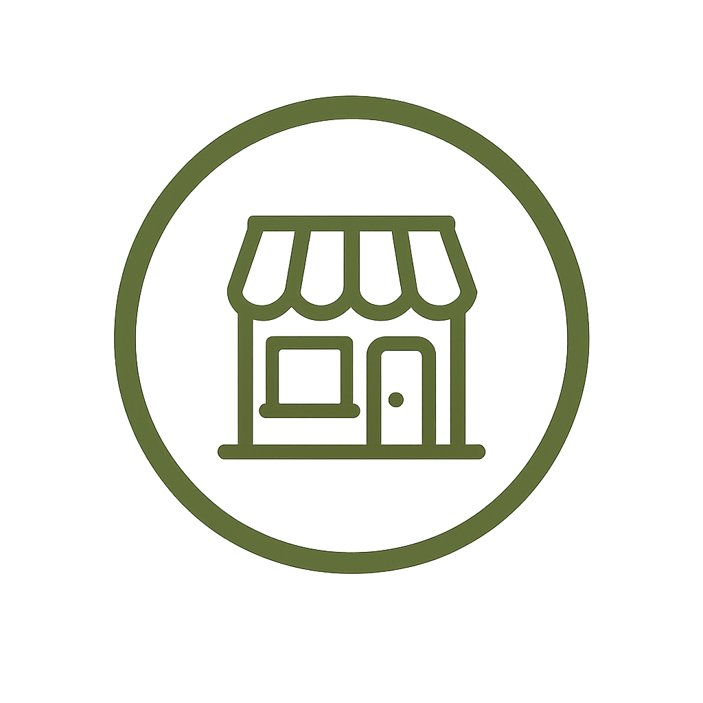 Icon of a small store or shop with an awning, window, and door inside a circular border.
