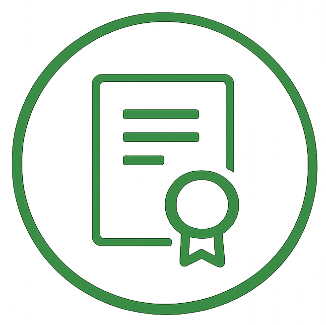 Icon of a certificate or diploma with a ribbon inside a circular outline, representing achievement or certification.