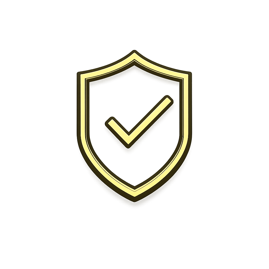 Gold shield icon with a checkmark in the center