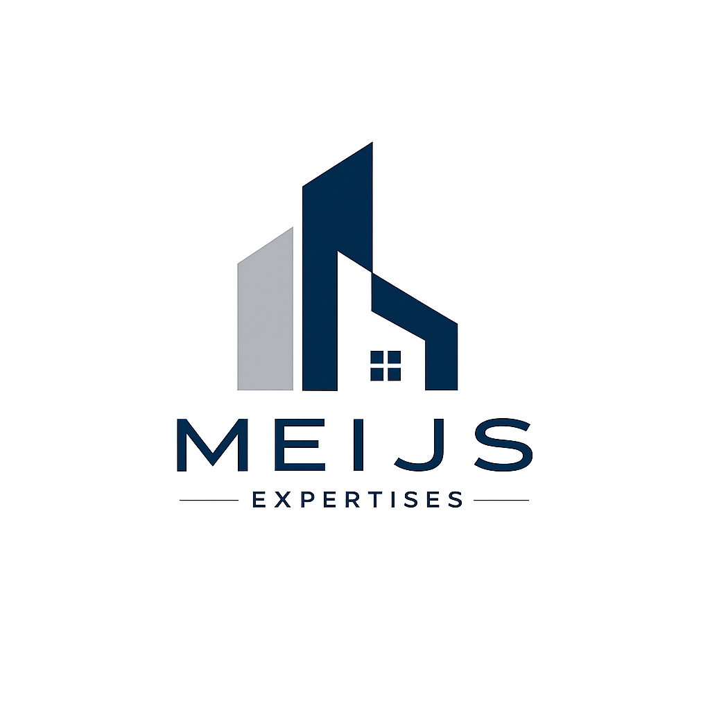 Logo met gebouwen en een huis, met de tekst 'MEIJS EXPERTISE' onderaan.