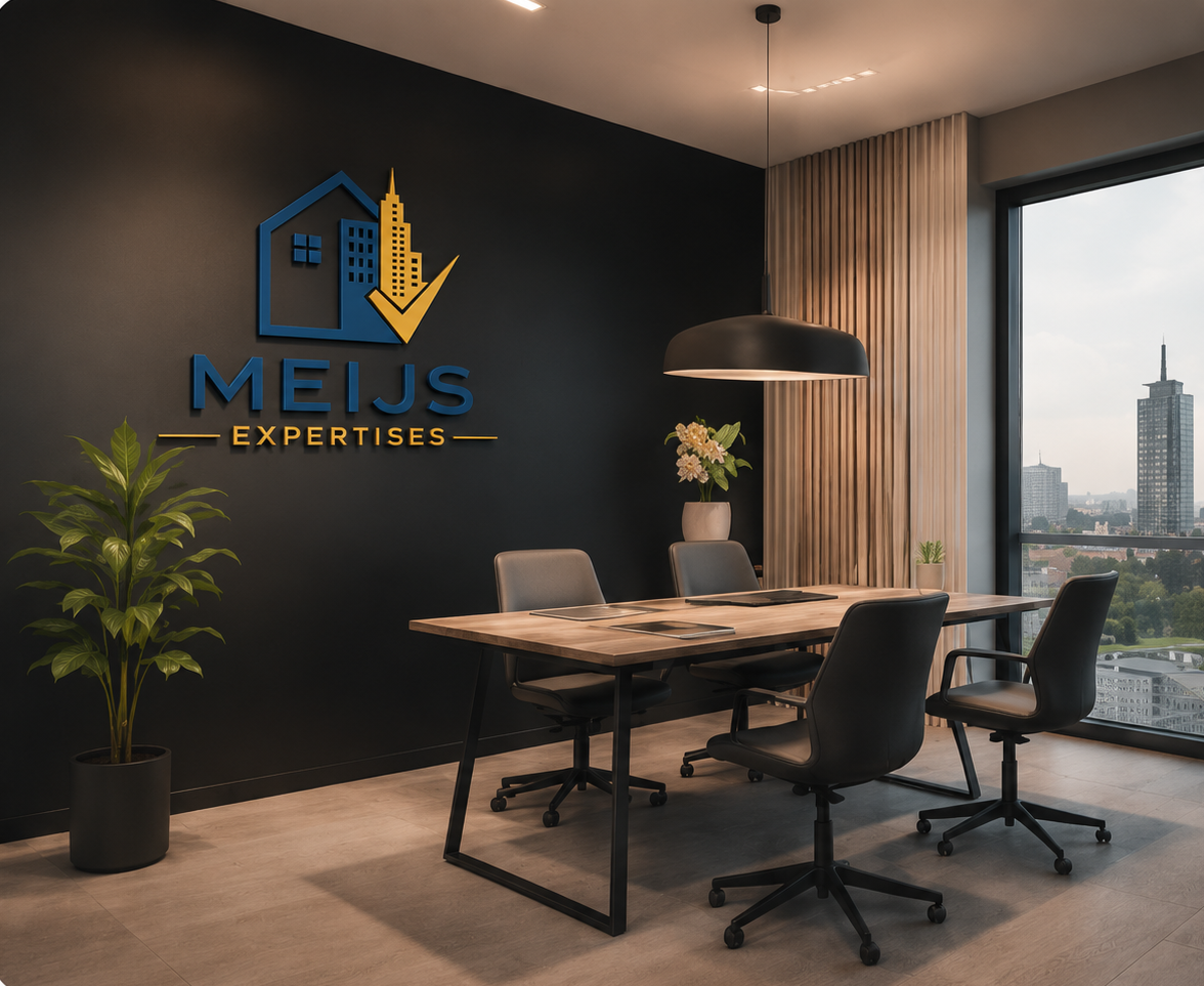 Modern office meeting room with a wooden table, four black chairs, a black hanging pendant light, a potted plant, a flower vase, and a cityscape view through large windows. The wall displays the logo of MEJJS EXPERTISES with a stylized house, city skyline, and checkmark.