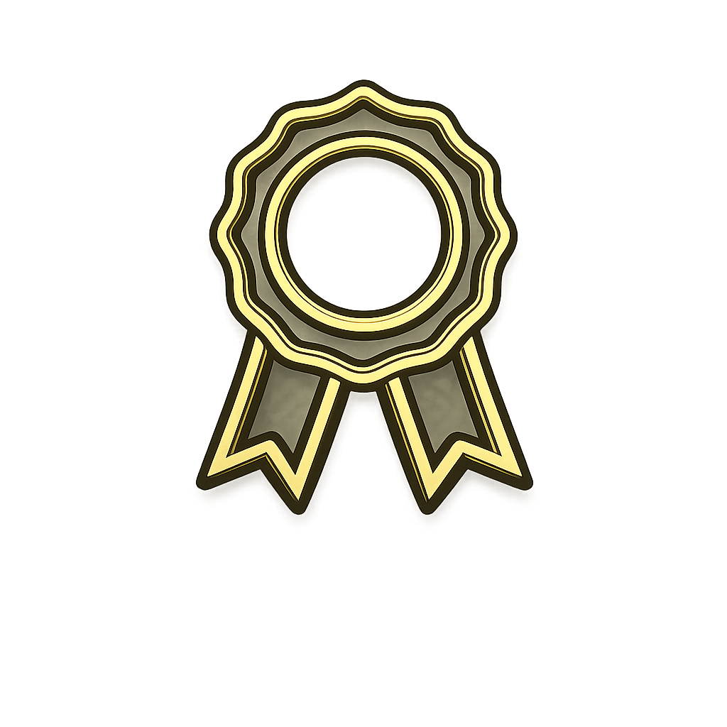 A digital drawing of a gold award ribbon with a circular center and two hanging tails.