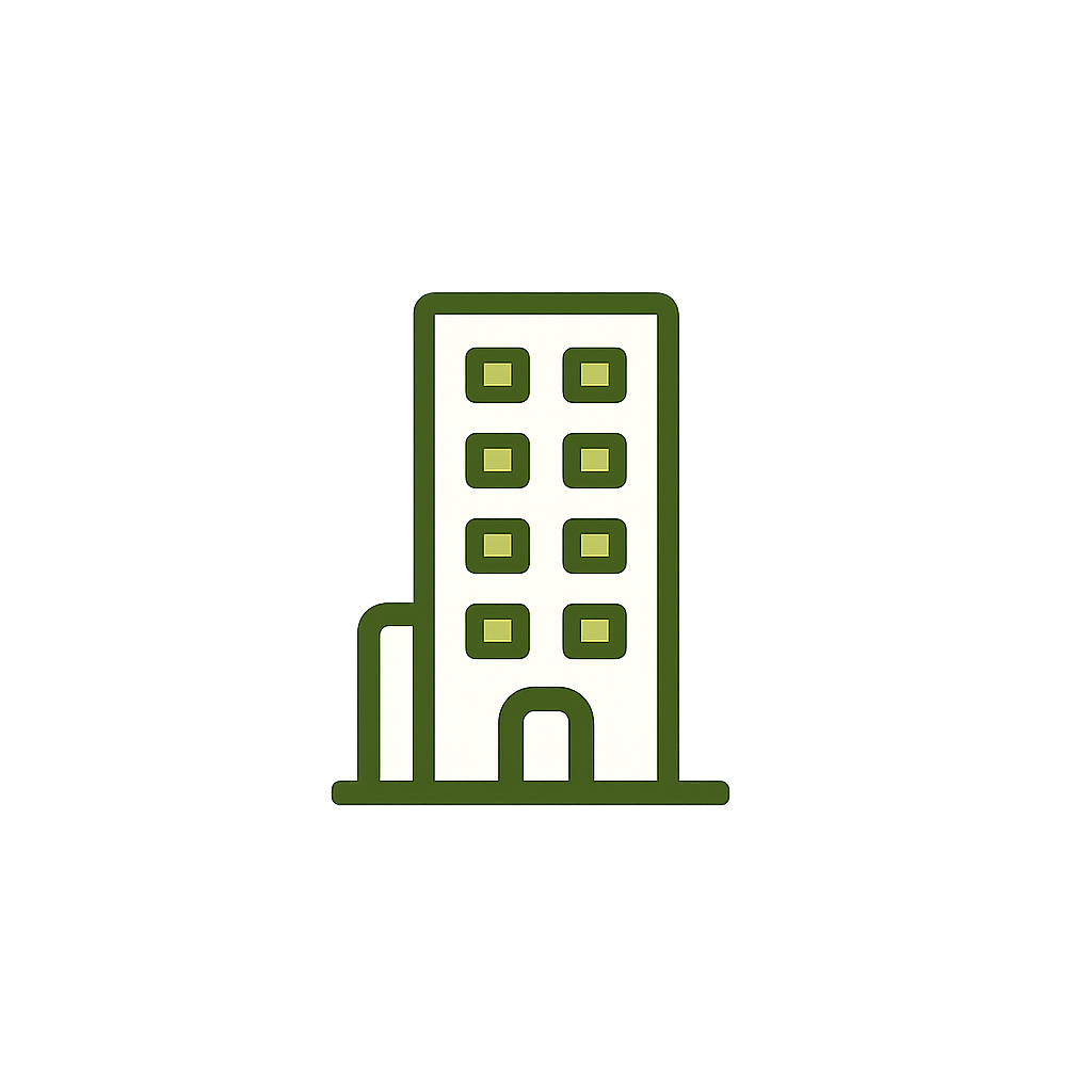 Illustration of a modern multi-story building with a white facade and multiple windows, set against a black background with green accents.