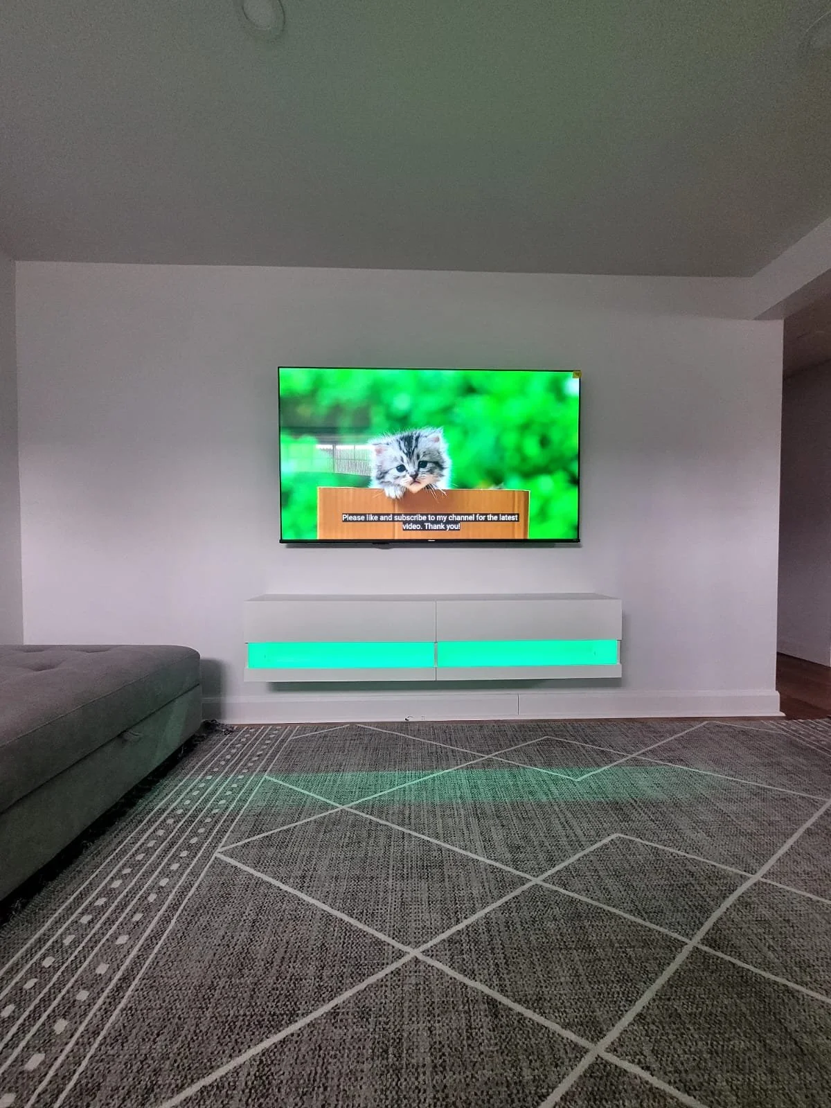 Salon avec canapé gris, télévision affichant une image d'un chaton avec des sous-titres, meuble blanc avec éclairage vert, tapis gris avec motifs, mur blanc