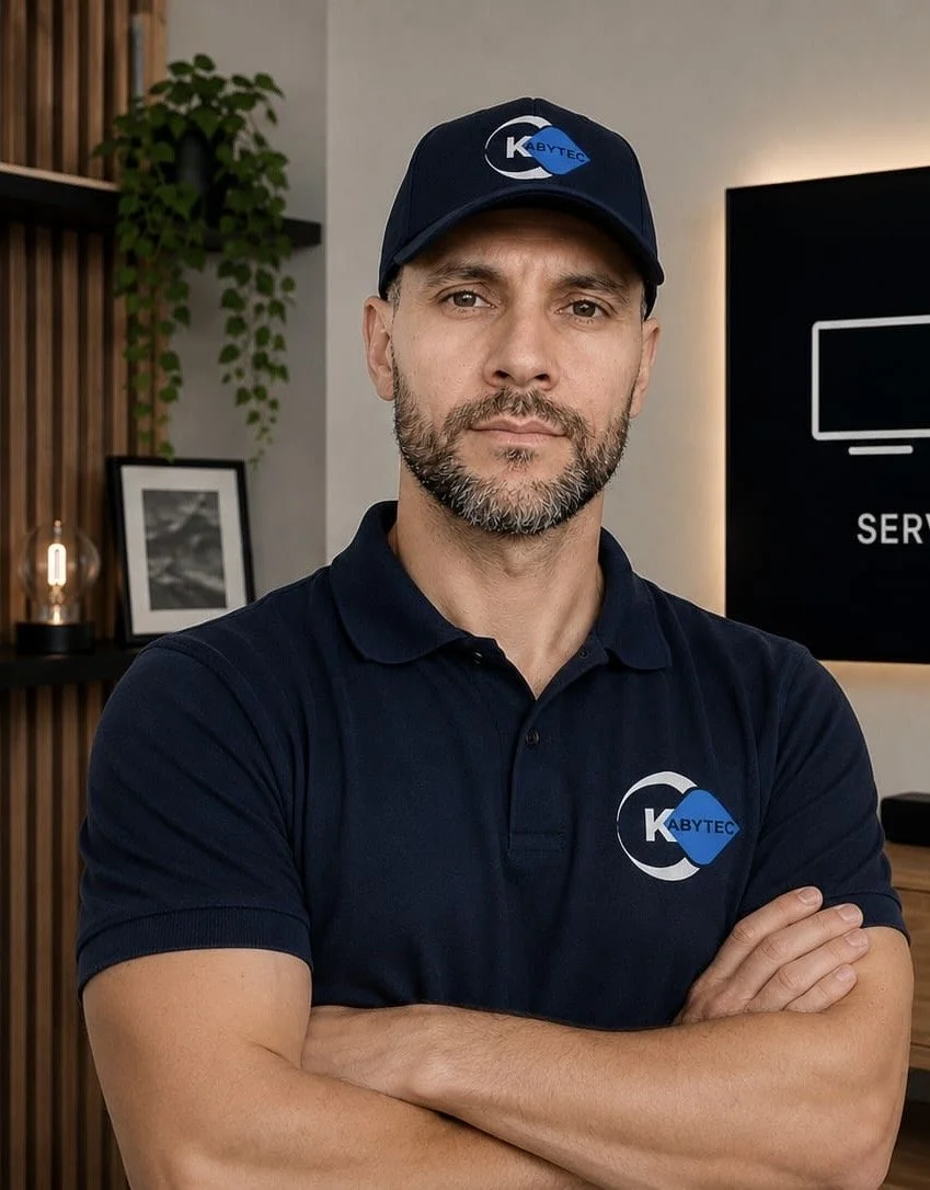 Homme en polo et casquette portant le logo KABYTEC, bras croisés, dans un bureau moderne avec un mur en bois, une photo encadrée, une plante et un écran noir avec une ligne blanche.